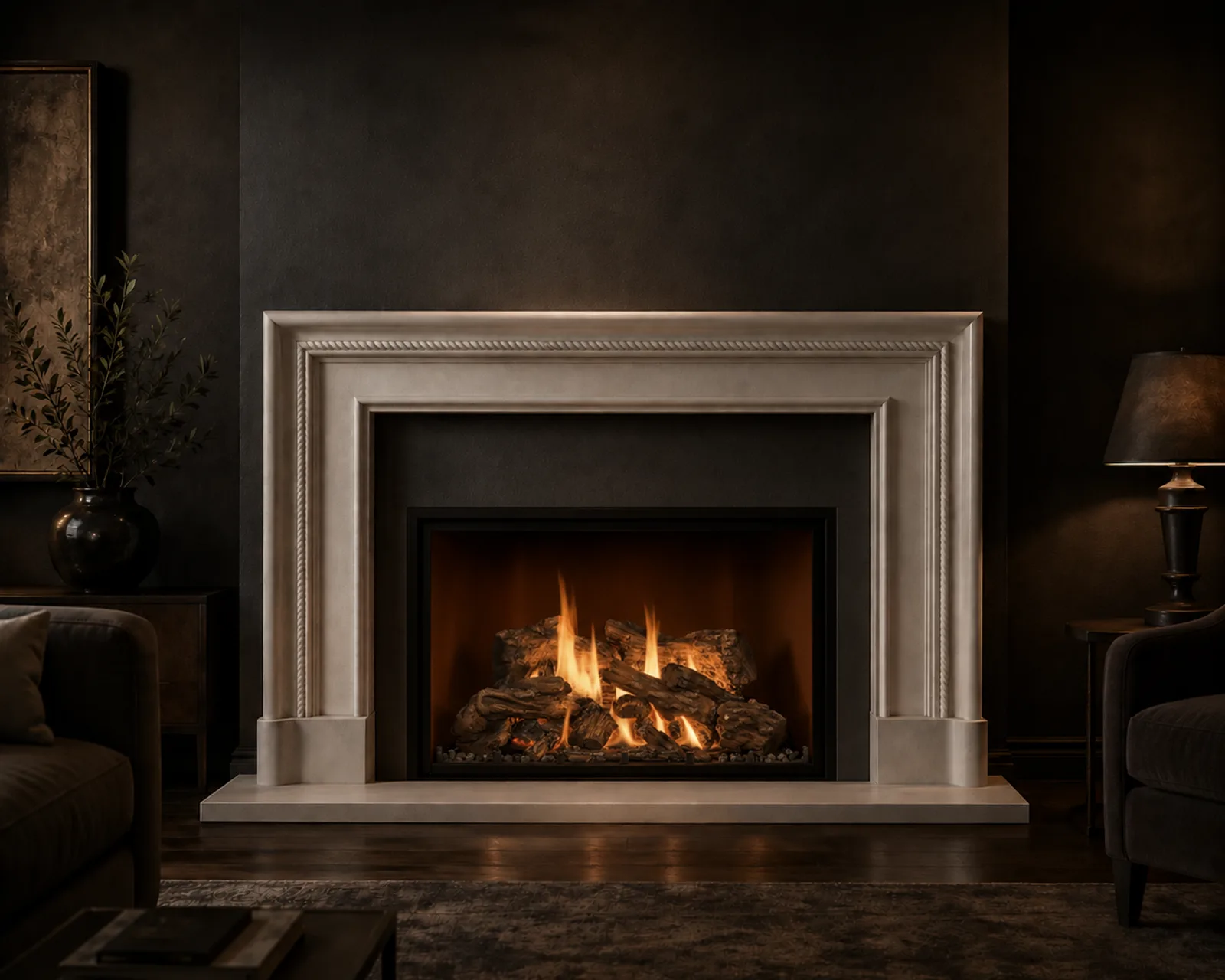Ballarat mantel in Smooth Kingsbury with Mendota FV48 fireplace