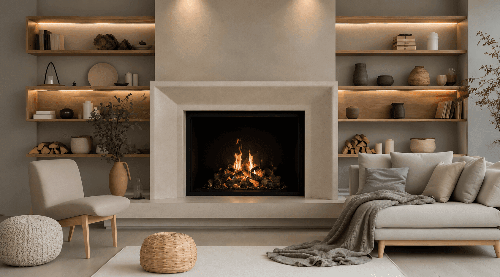 Bolte FV41 gas fireplace with a custom precast mantel as the focal point of a light-filled living room