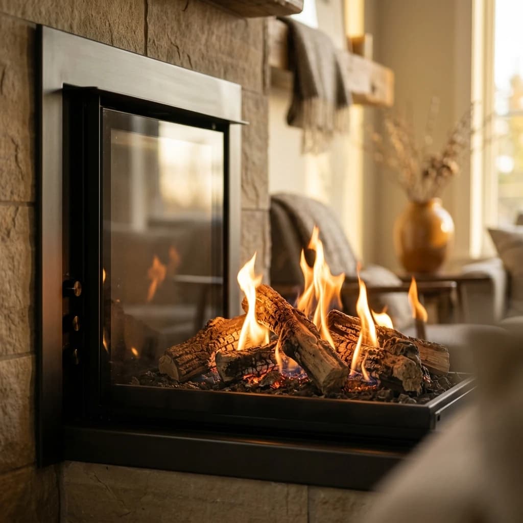 Close-up detail of a modern gas fireplace insert with realistic ceramic logs and a dancing flame