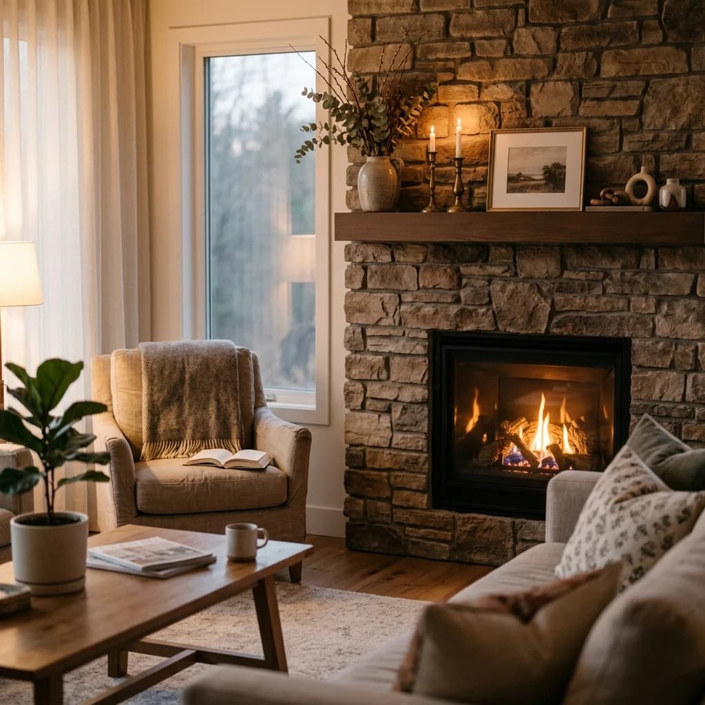 Interior of a warm living room at dusk with a lit gas fireplace insert glowing inside a stone surround