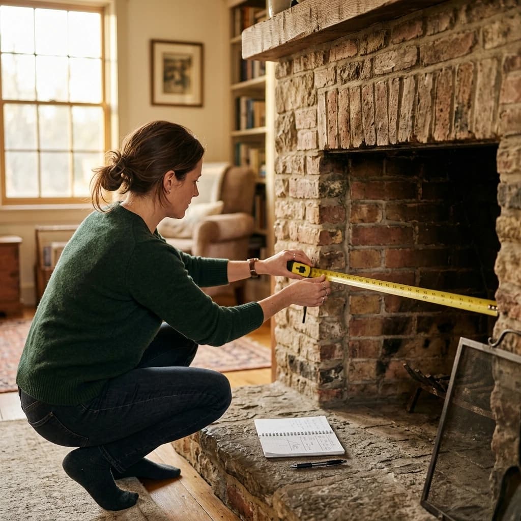 A homeowner crouching near a traditional masonry fireplace opening with a tape measure extended across the firebox width