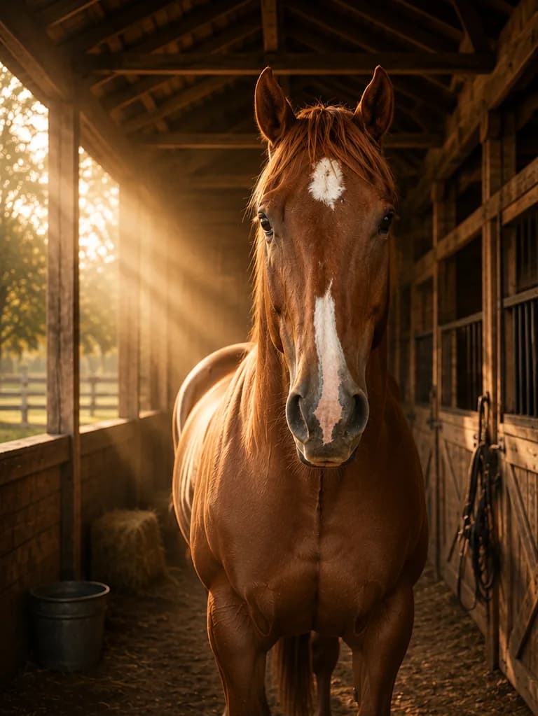 Thoroughbred horse in a warm historic stable