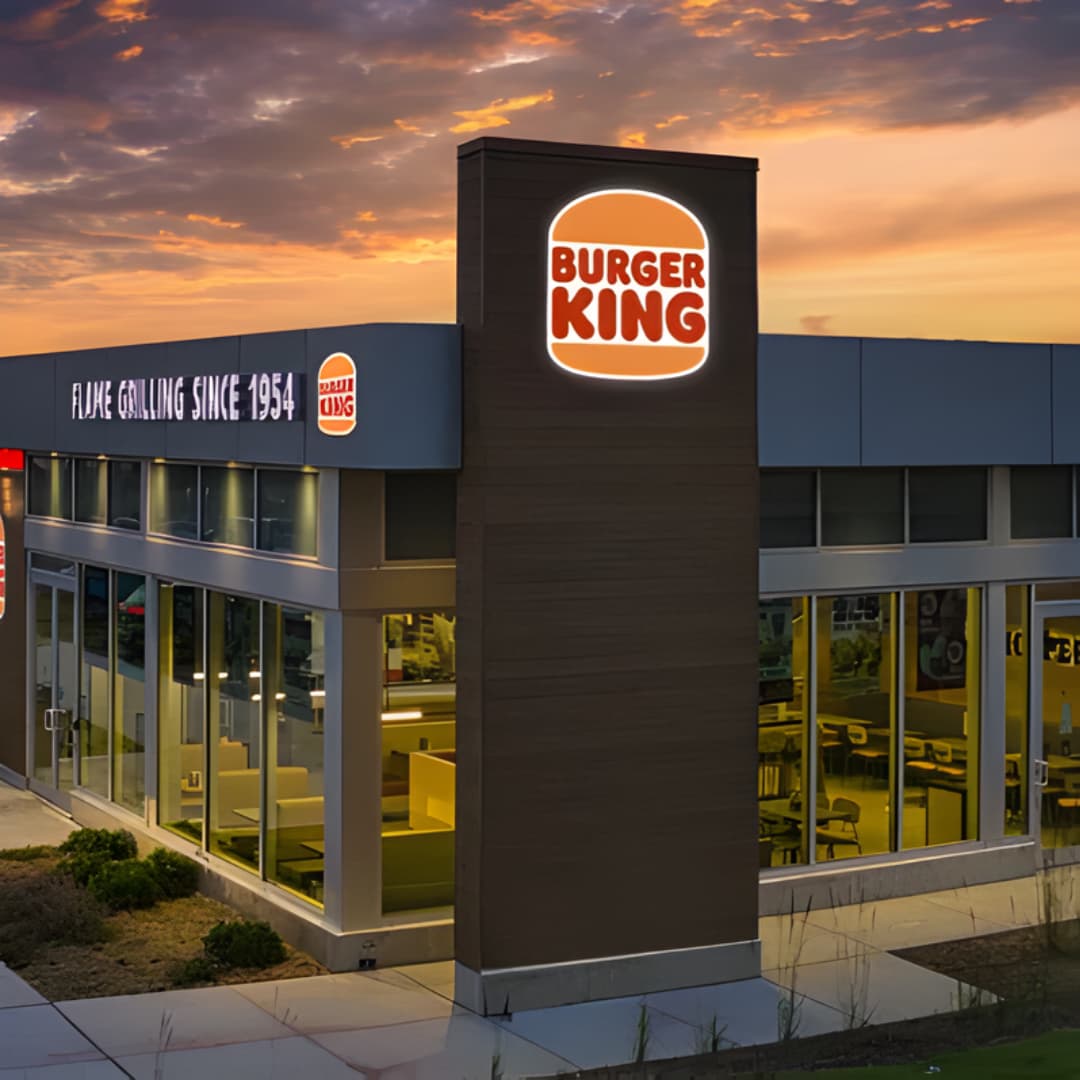 Burger King restaurant at sunset with illuminated logo