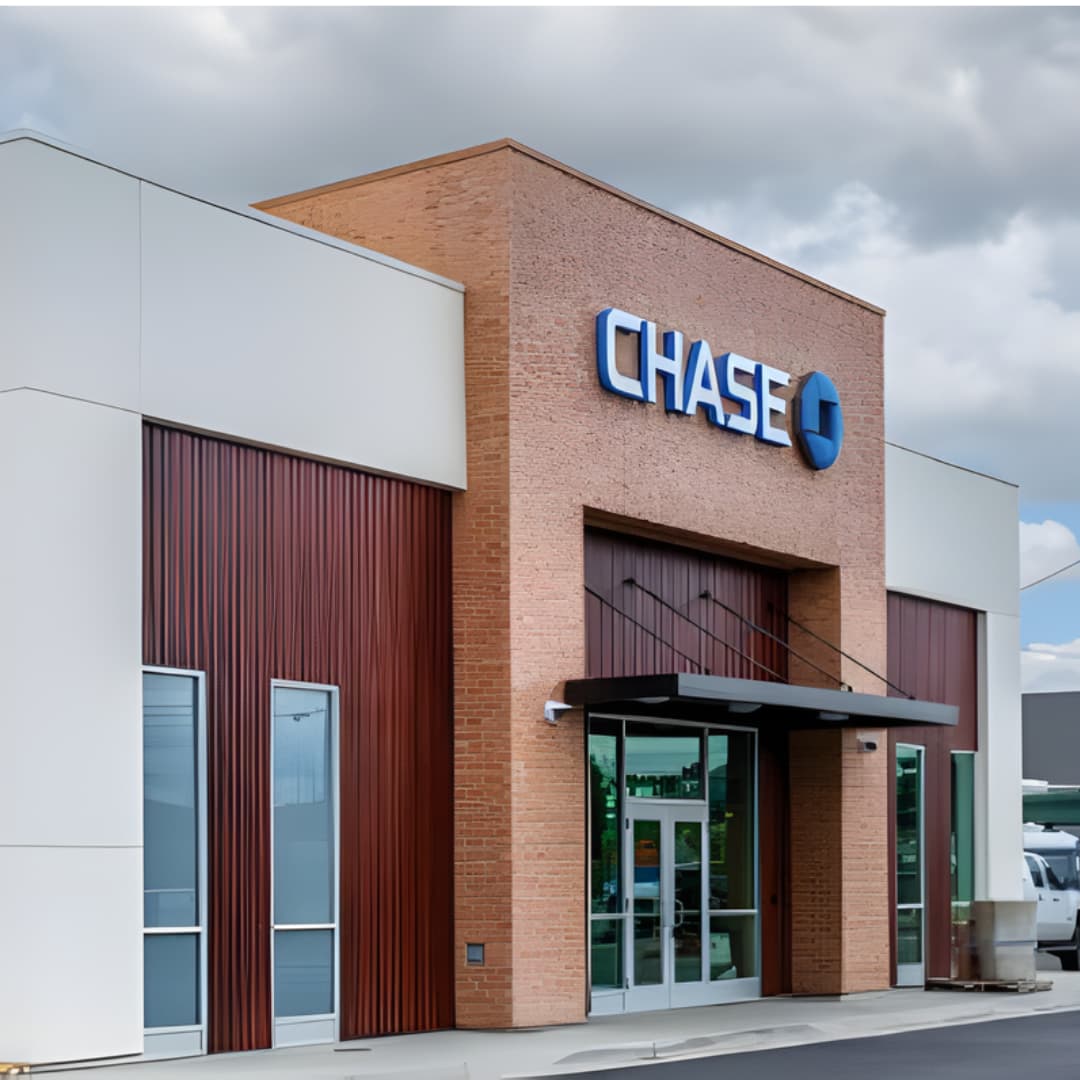 Chase Bank branch with brick and white facade