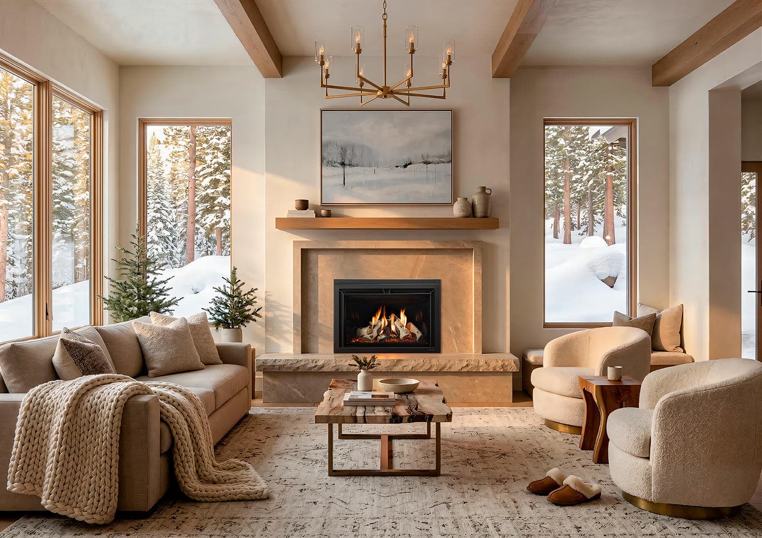 Heat & Glo SupremeX 35 gas insert in a living room with a stone fireplace surround
