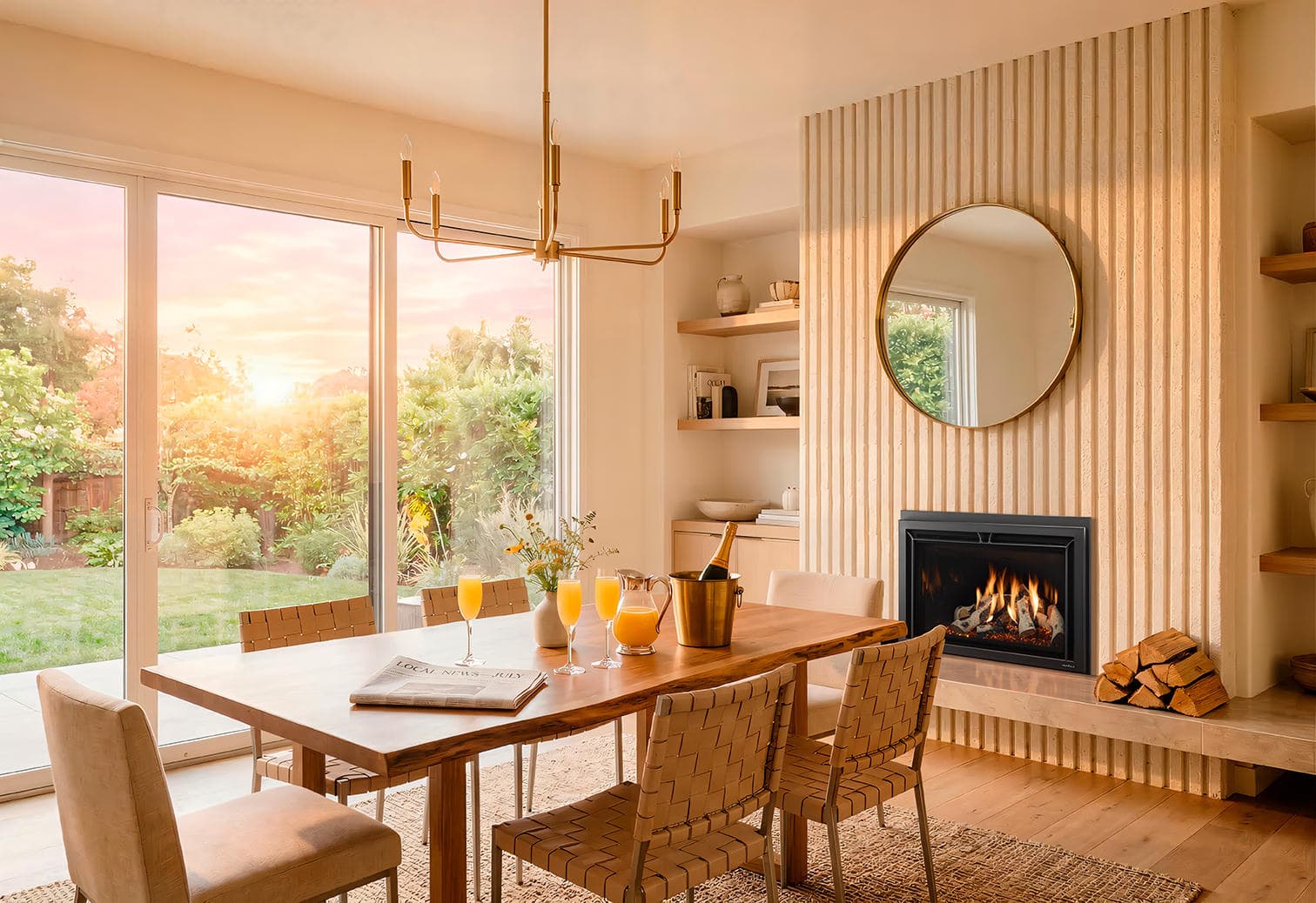 Heat & Glo SupremeX 35 gas insert in a light wood slat fireplace surround