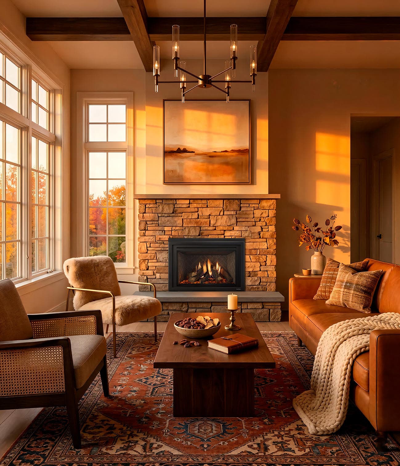 Heat & Glo SupremeX 35 gas insert with Tranquil Greige panels and oak logs in a living room