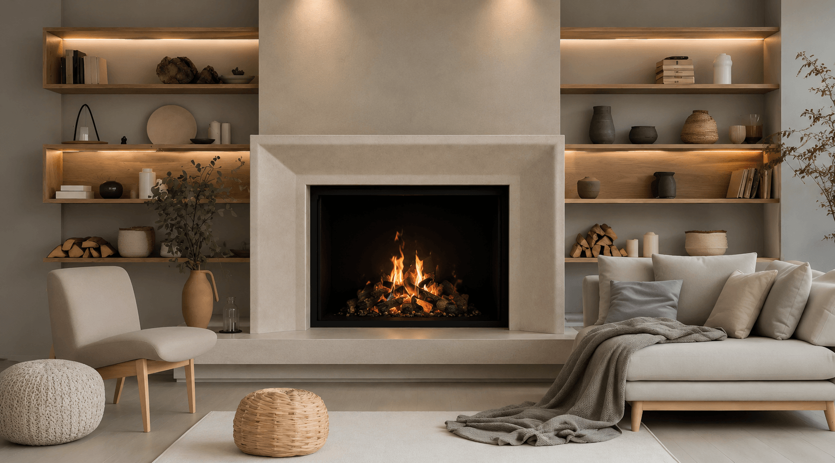 Bolte FV41 gas fireplace with a custom precast mantel as the focal point of a light-filled living room