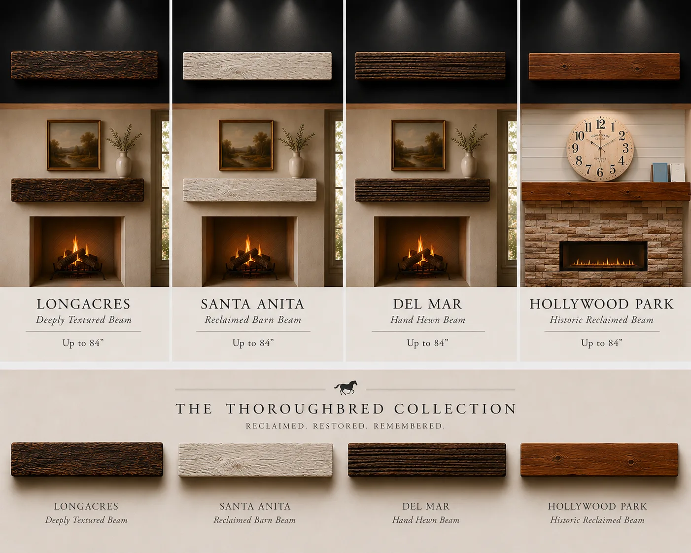 Longacres, Santa Anita, Del Mar, and Hollywood Park beam mantels from the Thoroughbred Collection