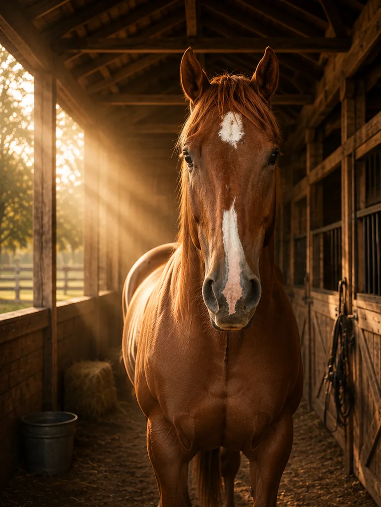 Thoroughbred horse in a warm historic stable