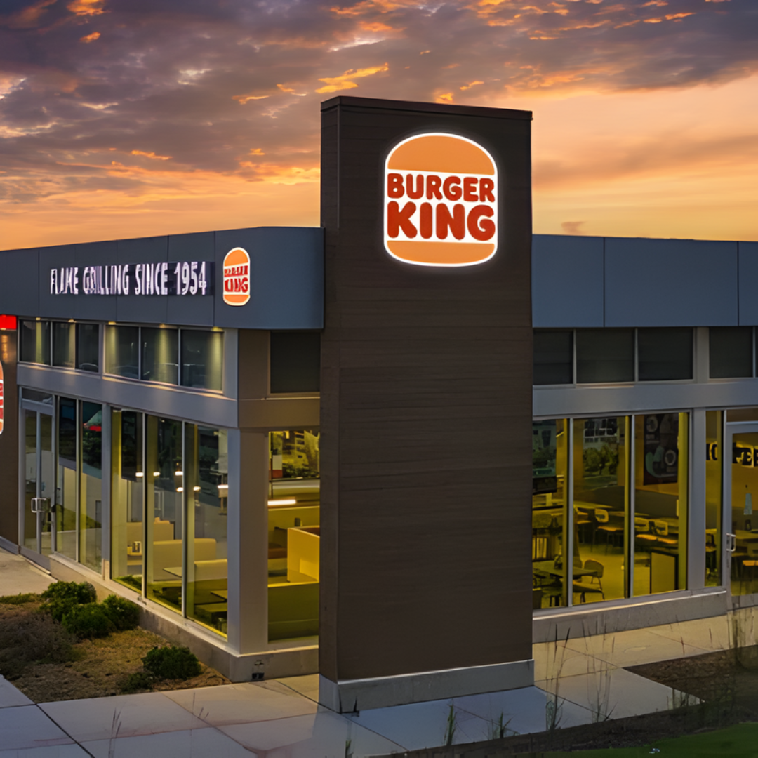 Burger King restaurant at sunset with illuminated logo